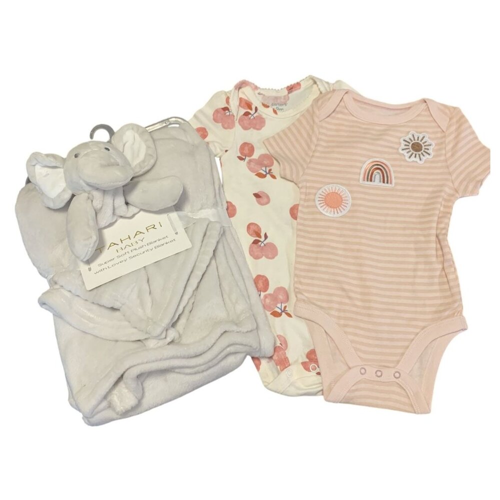 Tahari Baby Plush Elephant Blanket Carters & Cloud Island‎ 6-9M Onesies Set